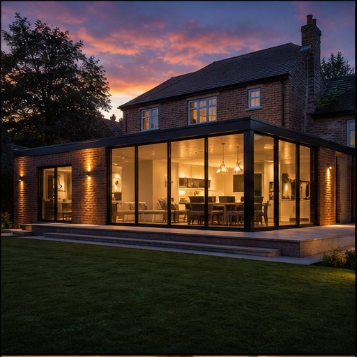 Contemporary brick home extension at dusk