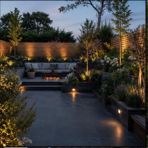 Landscaped garden patio with atmospheric lighting