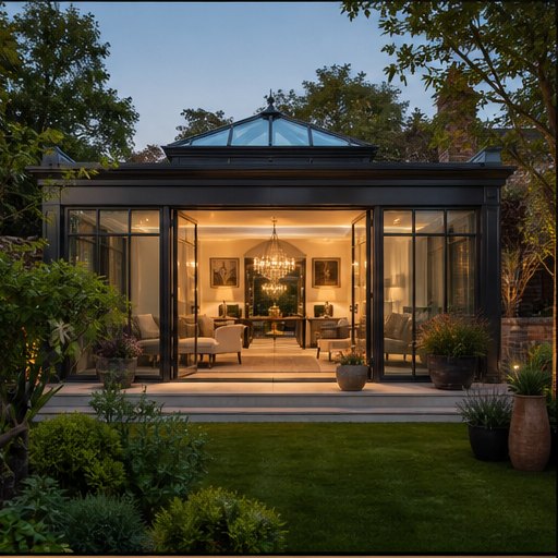 Elegant glass orangery viewed from a garden